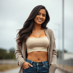 A gorgeous Colombian woman wearing a stylish crop top and a cozy cardigan, smiling brightly while dressed in skinny jeans on a gloomy day