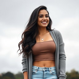 A gorgeous Colombian woman wearing a stylish crop top and a cozy cardigan, smiling brightly while dressed in skinny jeans on a gloomy day