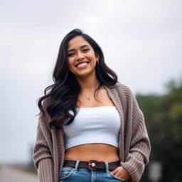 A gorgeous Colombian woman wearing a stylish crop top and a cozy cardigan, smiling brightly while dressed in skinny jeans on a gloomy day