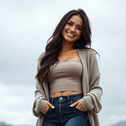 A gorgeous Colombian woman wearing a stylish crop top and a cozy cardigan, smiling brightly while dressed in skinny jeans on a gloomy day