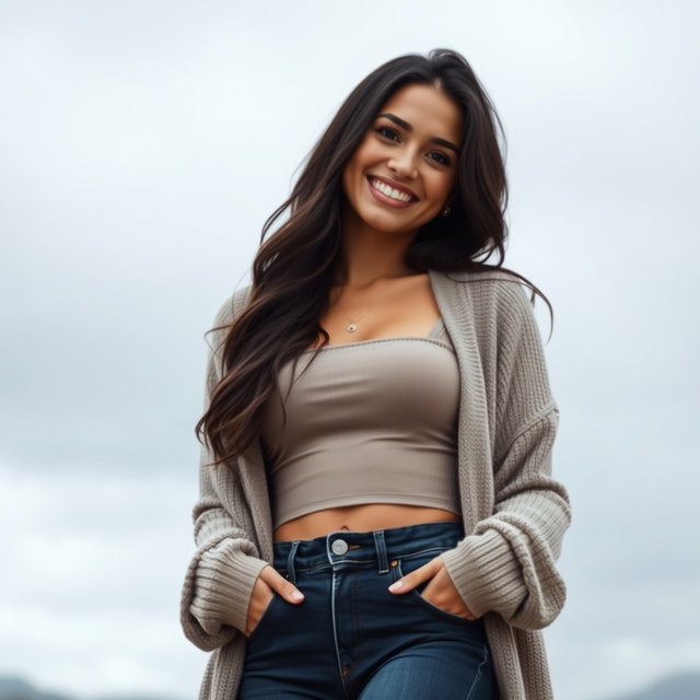 A gorgeous Colombian woman wearing a stylish crop top and a cozy cardigan, smiling brightly while dressed in skinny jeans on a gloomy day
