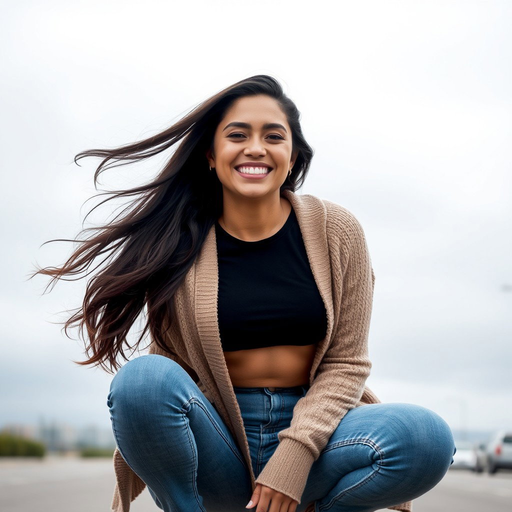 A gorgeous Colombian woman wearing a stylish crop top and a cozy cardigan, smiling brightly while squatting in trendy skinny jeans on a gloomy day