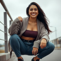 A gorgeous Colombian woman wearing a stylish crop top and a cozy cardigan, smiling brightly while squatting in trendy skinny jeans on a gloomy day