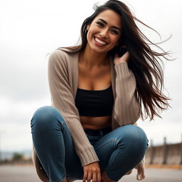 A gorgeous Colombian woman wearing a stylish crop top and a cozy cardigan, smiling brightly while squatting in trendy skinny jeans on a gloomy day