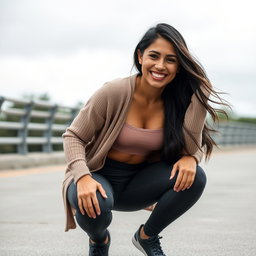 A gorgeous Colombian woman wearing a stylish crop top and a cozy cardigan, smiling brightly while squatting in fashionable yoga leggings on a gloomy day