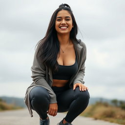 A gorgeous Colombian woman wearing a stylish crop top and a cozy cardigan, smiling brightly while squatting in fashionable yoga leggings on a gloomy day