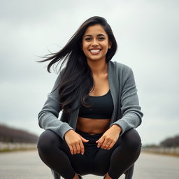 A gorgeous Colombian woman wearing a stylish crop top and a cozy cardigan, smiling brightly while squatting in fashionable yoga leggings on a gloomy day