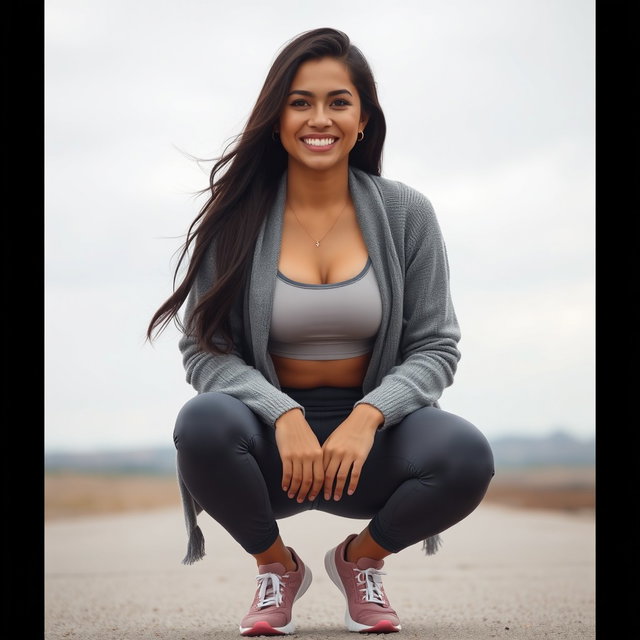 A gorgeous Colombian woman wearing a stylish crop top and a cozy cardigan, smiling brightly while squatting in fashionable yoga leggings on a gloomy day