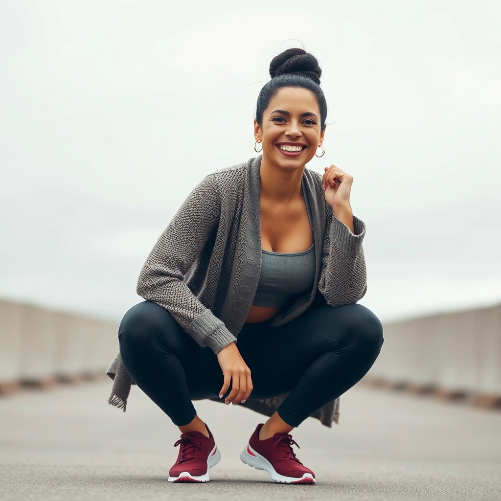 A gorgeous Colombian woman wearing a stylish crop top and a cozy cardigan, smiling brightly while squatting in fashionable yoga leggings