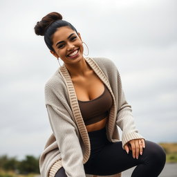 A gorgeous Colombian woman wearing a stylish crop top and a cozy cardigan, smiling brightly while squatting in fashionable yoga leggings
