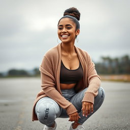 A gorgeous Colombian woman wearing a stylish crop top and a cozy cardigan, smiling brightly while squatting in fashionable yoga leggings