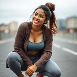 A gorgeous Colombian woman wearing a stylish crop top and a cozy cardigan, smiling brightly while squatting in fashionable yoga leggings
