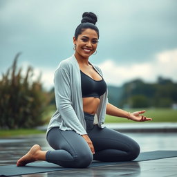 A gorgeous Colombian woman kneeling in a yoga pose, wearing a trendy crop top and a light cardigan