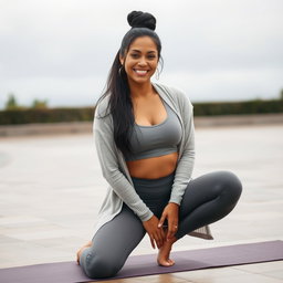 A gorgeous Colombian woman kneeling in a yoga pose, wearing a trendy crop top and a light cardigan