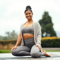 A gorgeous Colombian woman kneeling in a yoga pose, wearing a trendy crop top and a light cardigan