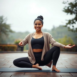 A gorgeous Colombian woman kneeling in a yoga pose, wearing a stylish crop top and a cozy cardigan, with form-fitting yoga leggings that accentuate her shape