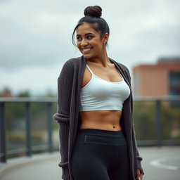 A gorgeous Colombian woman wearing a stylish crop top and a cozy cardigan, smiling brightly while showcasing a flattering view from behind