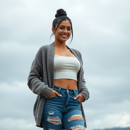 A gorgeous Colombian woman wearing a stylish crop top and a cozy cardigan, smiling brightly while standing with a playful pose in distressed jeans that feature holes