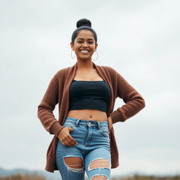 A gorgeous Colombian woman wearing a stylish crop top and a cozy cardigan, smiling brightly while standing with a playful pose in distressed jeans that feature holes