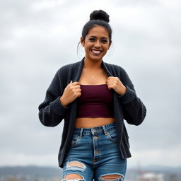 A gorgeous Colombian woman wearing a stylish crop top and a cozy cardigan, smiling brightly while standing with a playful pose in distressed jeans that feature holes