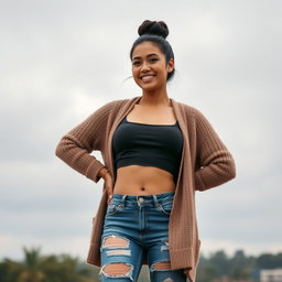 A gorgeous Colombian woman wearing a stylish crop top and a cozy cardigan, smiling brightly while standing with a playful pose in distressed jeans that feature holes