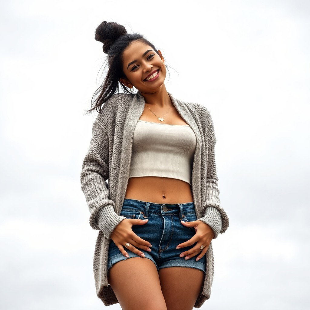 A gorgeous Colombian woman wearing a stylish crop top and a cozy cardigan, smiling brightly while showcasing her legs in short denim shorts