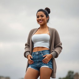 A gorgeous Colombian woman wearing a stylish crop top and a cozy cardigan, smiling brightly while showcasing her legs in short denim shorts