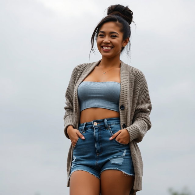 A gorgeous Colombian woman wearing a stylish crop top and a cozy cardigan, smiling brightly while showcasing her legs in short denim shorts