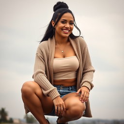 A gorgeous Colombian woman wearing a stylish crop top and a cozy cardigan, smiling brightly while squatting in short denim shorts that showcase her legs