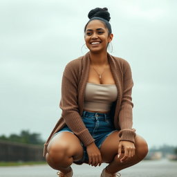 A gorgeous Colombian woman wearing a stylish crop top and a cozy cardigan, smiling brightly while squatting in short denim shorts that showcase her legs