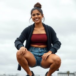 A gorgeous Colombian woman wearing a stylish crop top and a cozy cardigan, smiling brightly while squatting in short denim shorts that showcase her legs