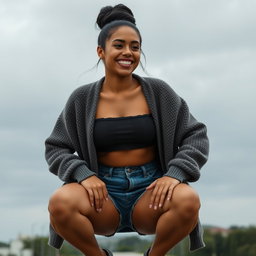 A gorgeous Colombian woman wearing a stylish crop top and a cozy cardigan, smiling brightly while squatting in short denim shorts that showcase her legs