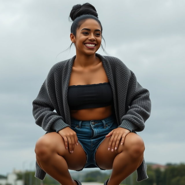 A gorgeous Colombian woman wearing a stylish crop top and a cozy cardigan, smiling brightly while squatting in short denim shorts that showcase her legs