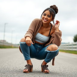 A gorgeous Colombian woman wearing a stylish crop top and a cozy cardigan, squatting with a bright smile while showcasing her distressed jeans that feature stylish holes