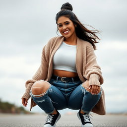 A gorgeous Colombian woman wearing a stylish crop top and a cozy cardigan, squatting with a bright smile while showcasing her distressed jeans that feature stylish holes