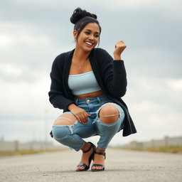 A gorgeous Colombian woman wearing a stylish crop top and a cozy cardigan, squatting with a bright smile while showcasing her distressed jeans that feature stylish holes