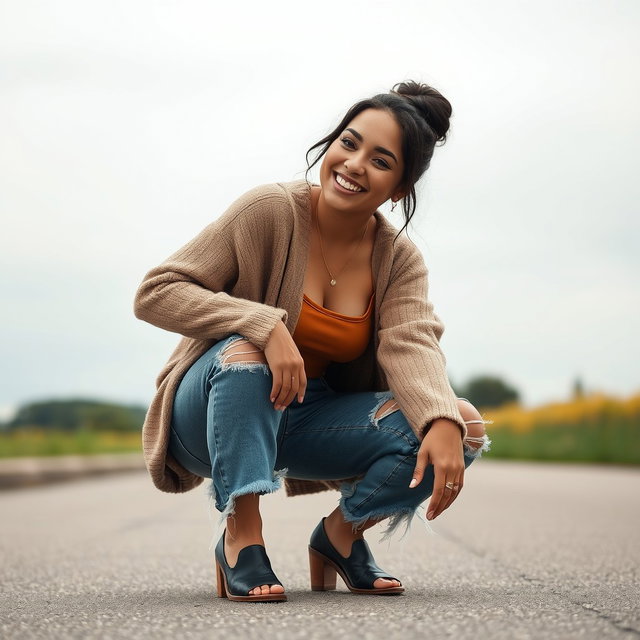 A gorgeous Colombian woman wearing a stylish crop top and a cozy cardigan, squatting with a bright smile while showcasing her distressed jeans that feature stylish holes