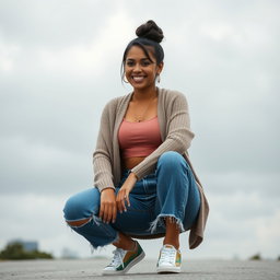 A gorgeous Colombian woman wearing a stylish crop top and a cozy cardigan, smiling brightly while squatting in cut-off jeans that showcase her legs