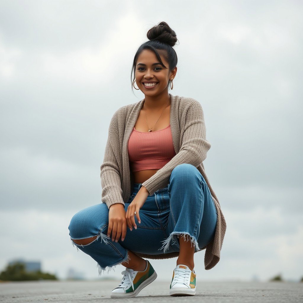 A gorgeous Colombian woman wearing a stylish crop top and a cozy cardigan, smiling brightly while squatting in cut-off jeans that showcase her legs