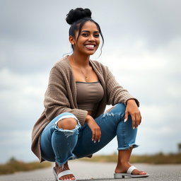 A gorgeous Colombian woman wearing a stylish crop top and a cozy cardigan, smiling brightly while squatting in cut-off jeans that showcase her legs