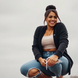 A gorgeous Colombian woman wearing a stylish crop top and a cozy cardigan, smiling brightly while squatting in cut-off jeans that showcase her legs