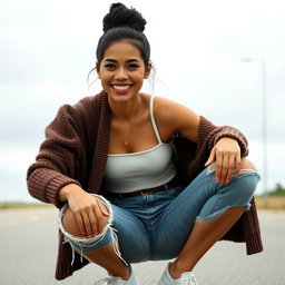 A gorgeous Colombian woman wearing a stylish crop top and a cozy cardigan, smiling brightly while squatting in cut-off jeans that showcase her legs