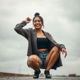 A gorgeous Colombian woman wearing a stylish crop top and a cozy cardigan, smiling brightly while squatting in cut-off jean shorts that highlight her legs