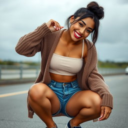 A gorgeous Colombian woman wearing a stylish crop top and a cozy cardigan, smiling brightly while squatting in cut-off jean shorts that highlight her legs