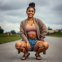 A gorgeous Colombian woman wearing a stylish crop top and a cozy cardigan, smiling brightly while squatting in cut-off jean shorts that highlight her legs