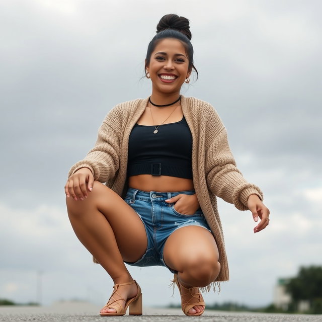 A gorgeous Colombian woman wearing a stylish crop top and a cozy cardigan, smiling brightly while squatting in cut-off jean shorts that highlight her legs