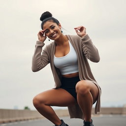 A gorgeous Colombian woman wearing a stylish crop top and a cozy cardigan, joyfully smiling while squatting in spandex shorts that emphasize her athletic figure