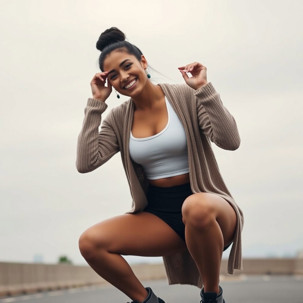 A gorgeous Colombian woman wearing a stylish crop top and a cozy cardigan, joyfully smiling while squatting in spandex shorts that emphasize her athletic figure