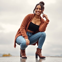 A gorgeous Colombian woman wearing a stylish crop top and skinny jeans, complemented by trendy boots and a cozy cardigan