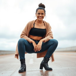 A gorgeous Colombian woman wearing a stylish crop top and skinny jeans, complemented by trendy boots and a cozy cardigan
